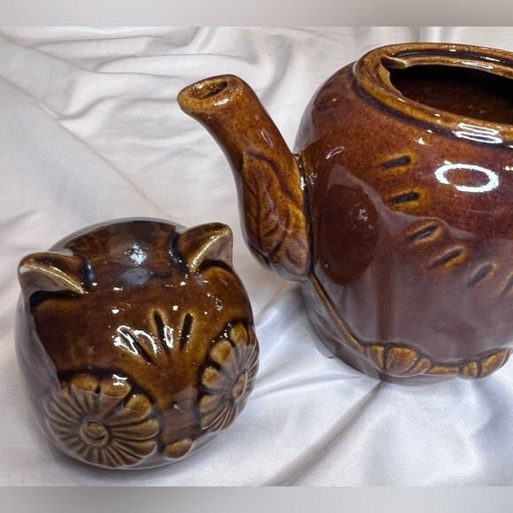 Vintage Boho Owl Teapot Brown Glazed Ceramic 70s Owl 1 Cup w/ Lid 5 3/4" Tall - Picture 4 of 11